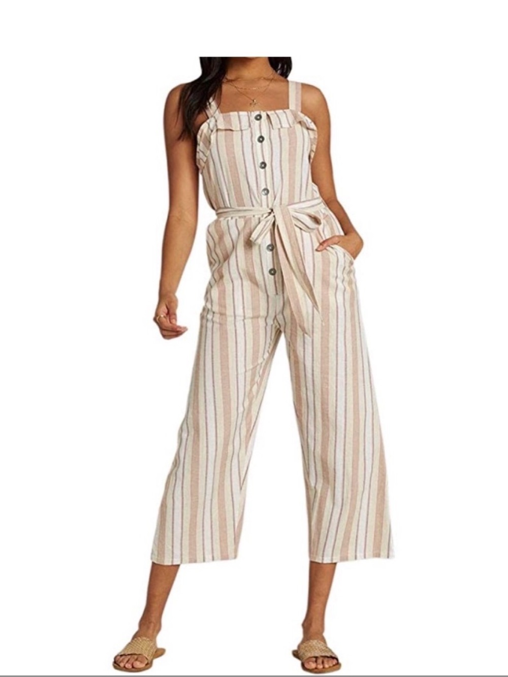Billabong Sandy Toes Beige & White Striped Wide-Leg Tie-Waist Jumpsuit